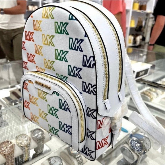Michael Kors Backpack Jaycee Medium Jet Set MK Signature Rainbow Optic White NWT - Picture 3 of 12